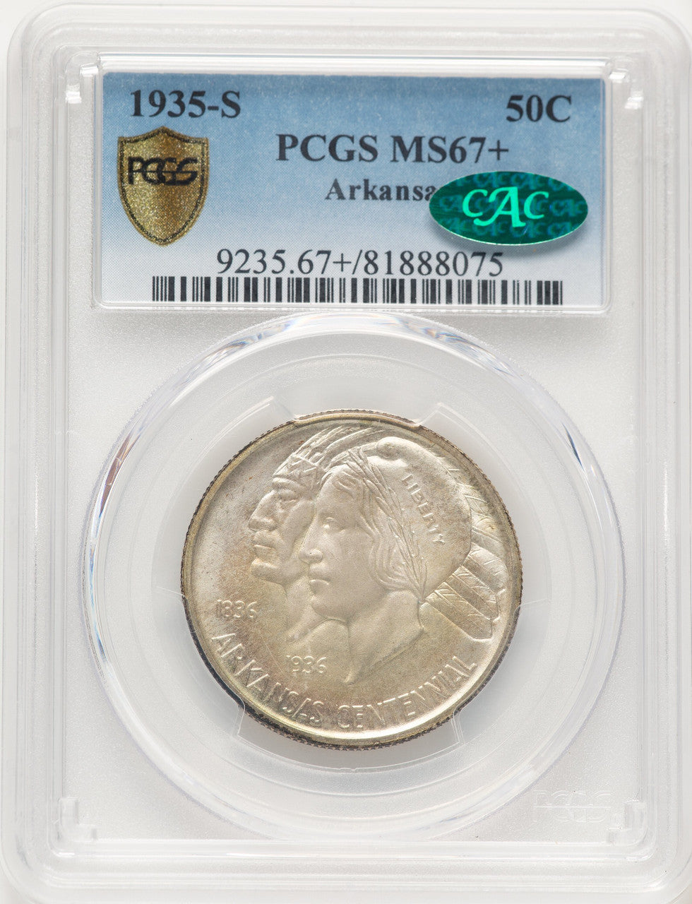 1935-S 50C Arkansas CAC Commemorative Silver PCGS MS67+