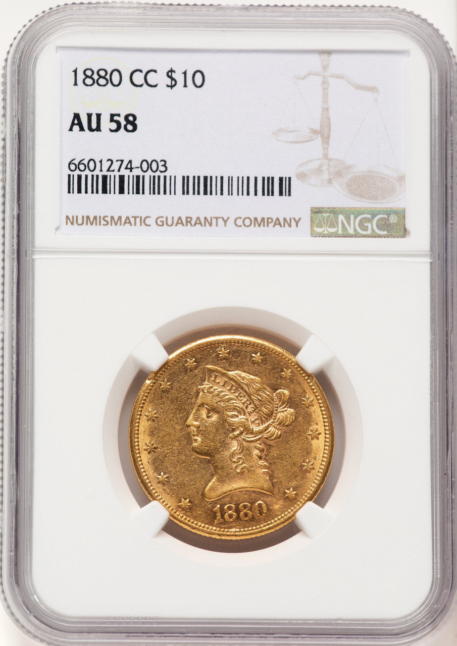 1880-CC $10 Brown Label Liberty Eagle NGC AU58