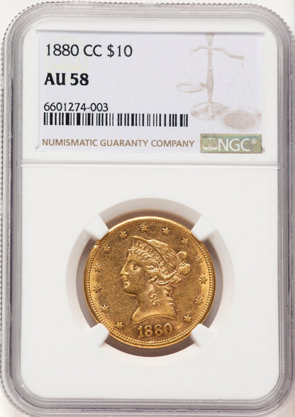 1880-CC $10 Brown Label Liberty Eagle NGC AU58