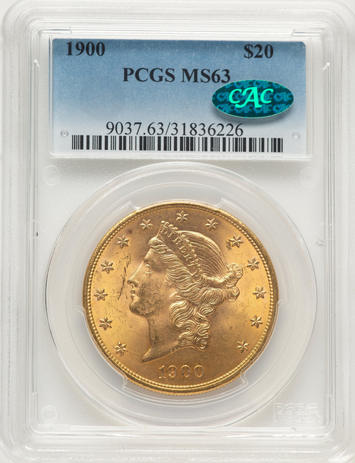 1900 $20 CAC Blue Gradient Liberty Double Eagle PCGS MS63