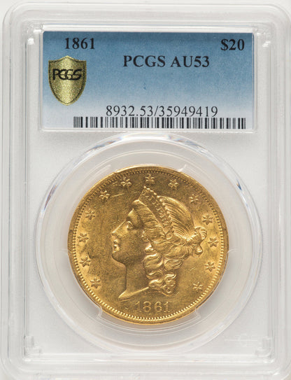 1861 $20 Blue Gradient Liberty Double Eagle PCGS AU53