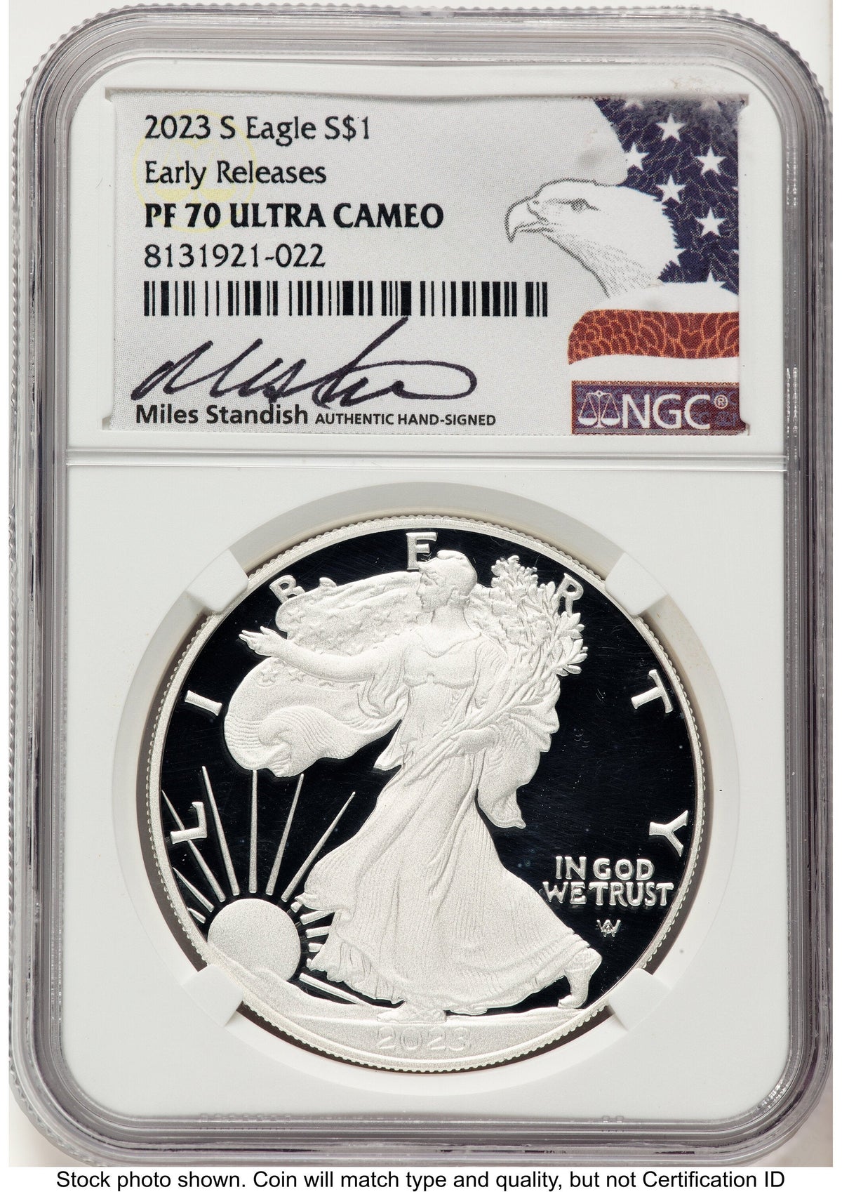 2023-S Proof Silver Eagle 1 oz ER Miles Standish Eagle Flag NGC PF70