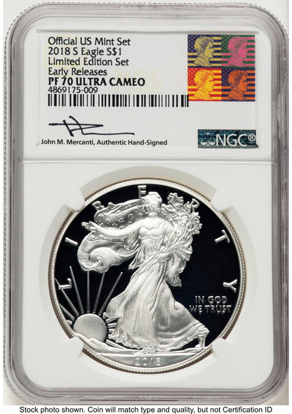 2018-S Proof Silver Eagle Limited Edition Proof Set 1 oz ER John Reagan Bust Art NGC PF70 Mercanti