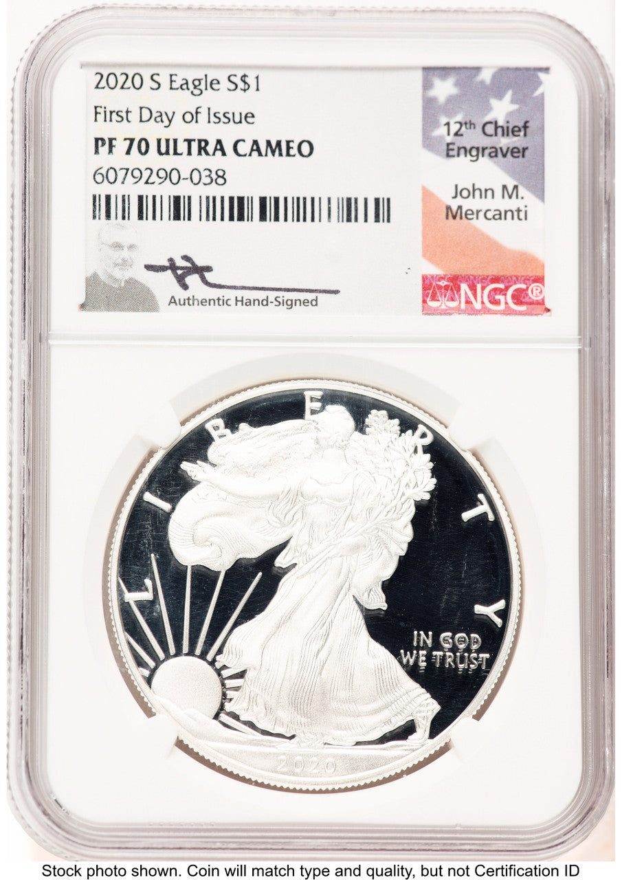 2020-S Proof Silver Eagle 1 oz FDI John NGC PF70 Mercanti