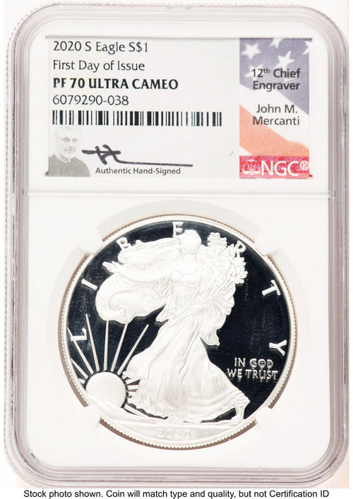 2020-S Proof Silver Eagle 1 oz FDI John NGC PF70 Mercanti