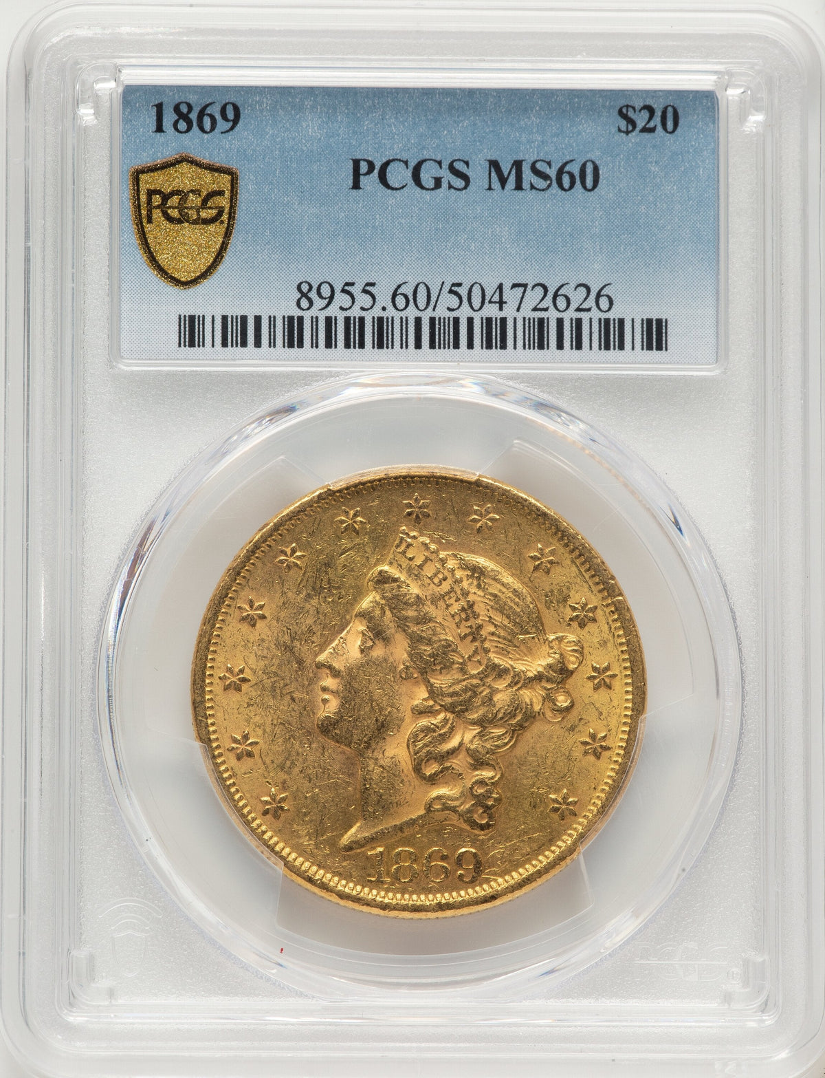1869 $20 Liberty Double Eagle PCGS MS60