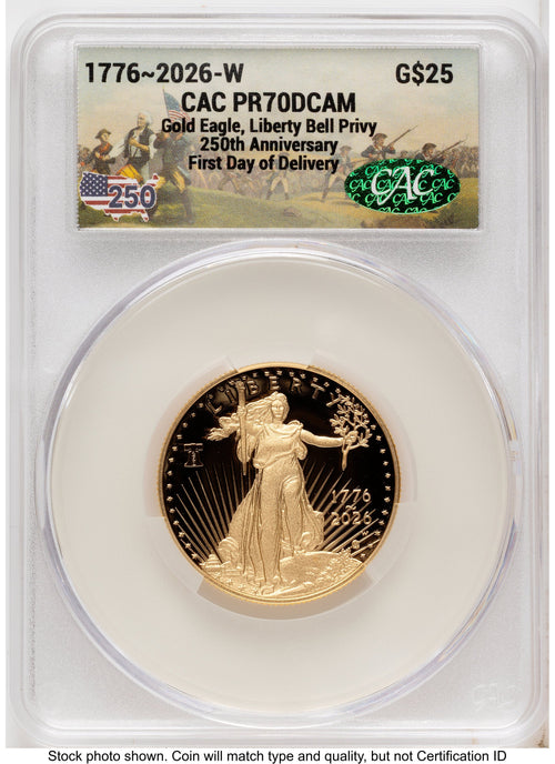 2026-W Proof Gold Eagle 1/2 oz First Day of Delivery America 250 CACG PR70