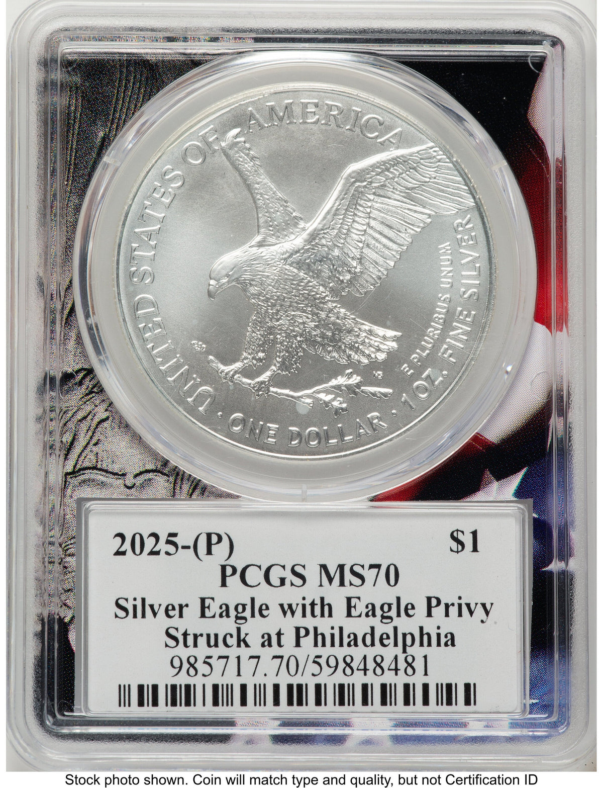 2025-(P) Silver Eagle (Privy Mark) Ultra Label Flag Core PCGS MS70