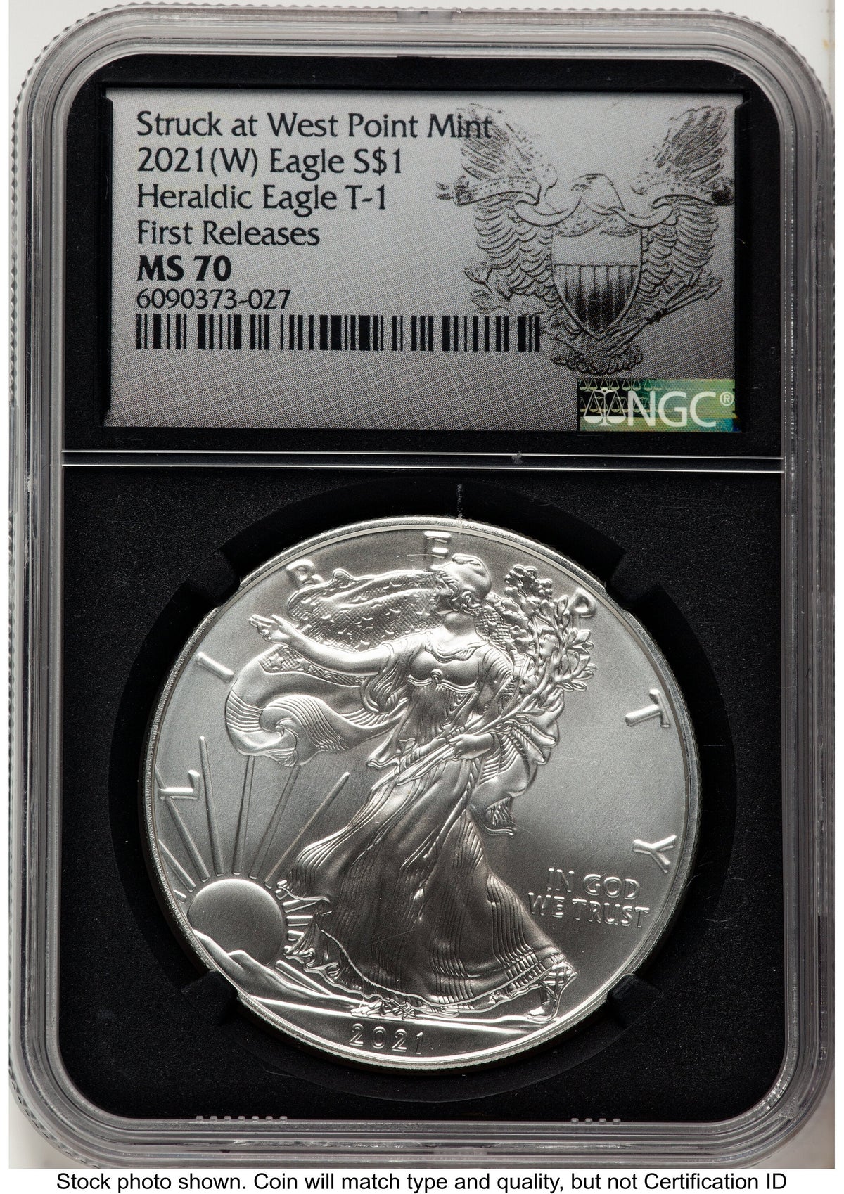 2021 Silver Eagle Type 1 FR Struck at West Point Black Heraldic Eagle NGC MS70