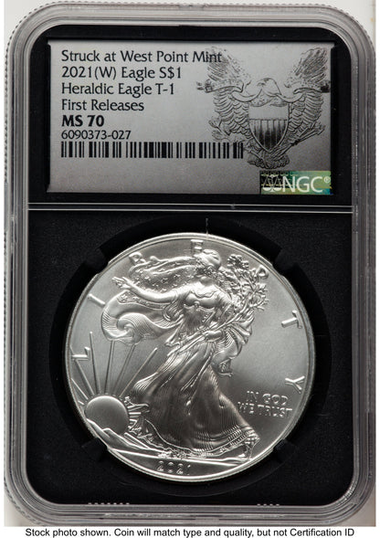 2021 Silver Eagle Type 1 FR Struck at West Point Black Heraldic Eagle NGC MS70