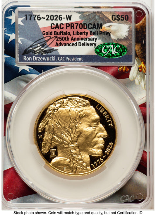 2026-W Proof Gold Buffalo 1 oz Advanced Delivery Ron Drzewucki Flag Core CACG PR70