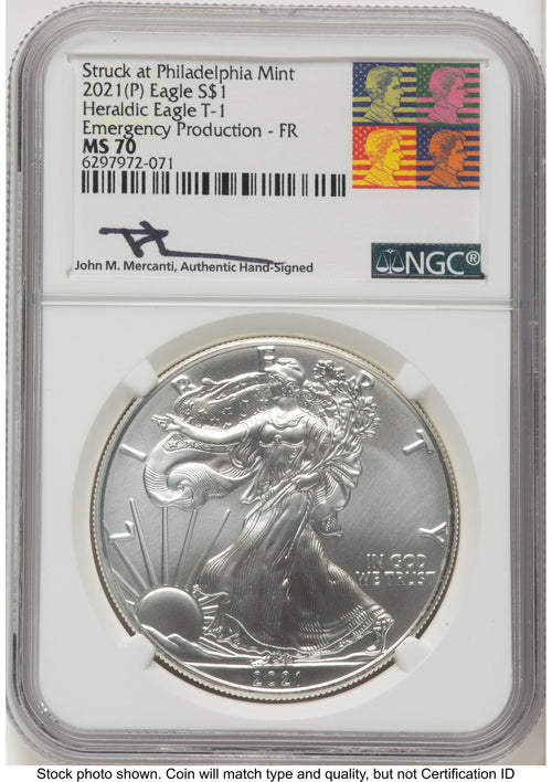 2021-(P) Silver Eagle Type 1 Emergency Production FR John Reagan Bust Art NGC MS70 Mercanti