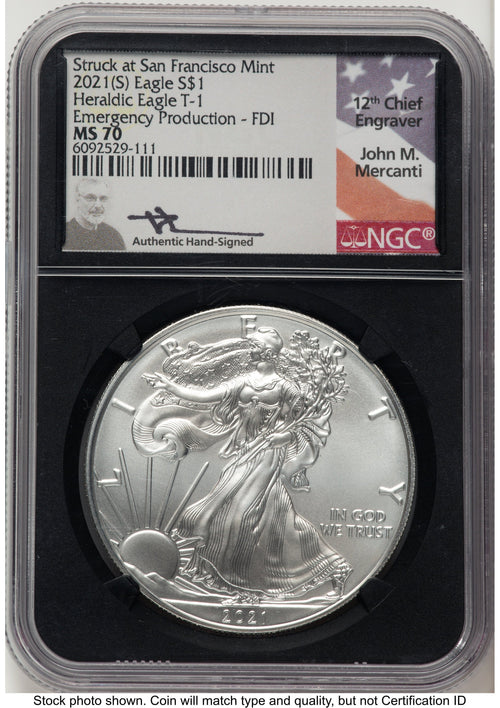 2021-(S) Silver Eagle Type 1 Emergency Production FDI John NGC MS70 Mercanti