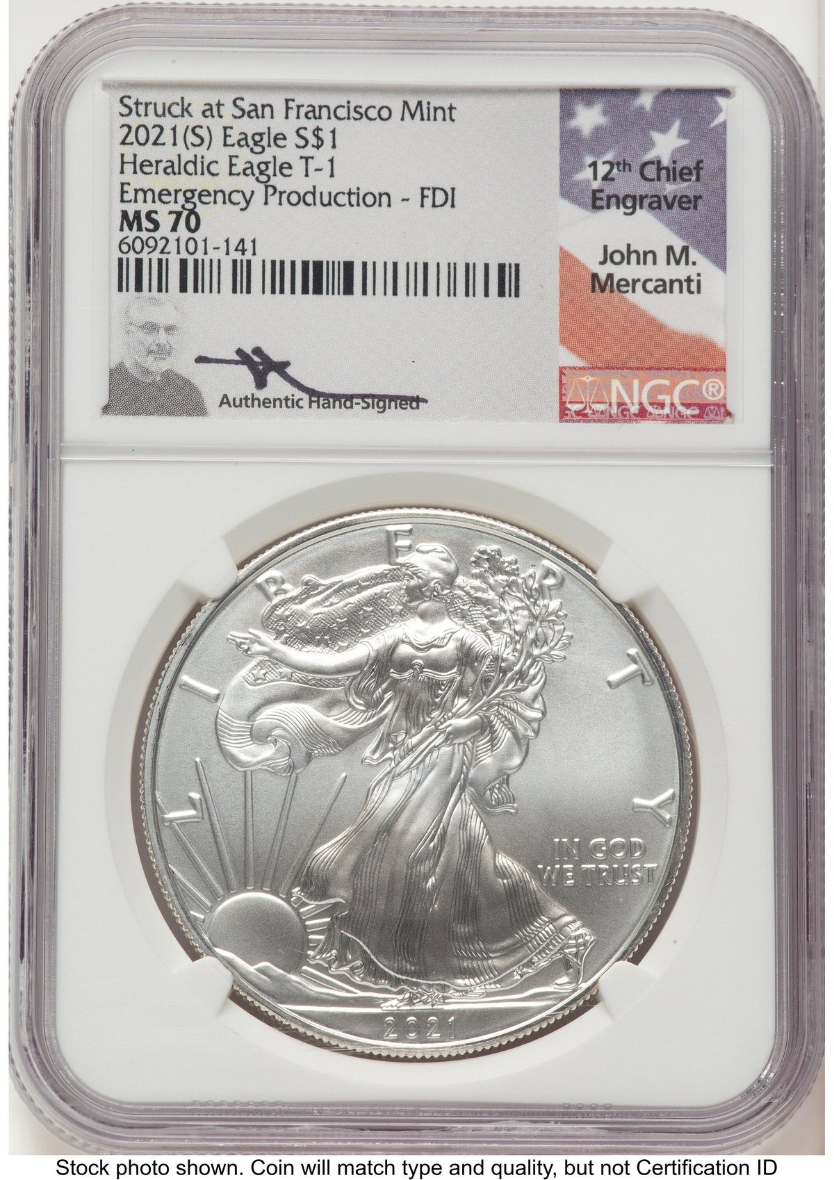 2021-(S) Silver Eagle Type 1 Emergency Production FDI John NGC MS70 Mercanti
