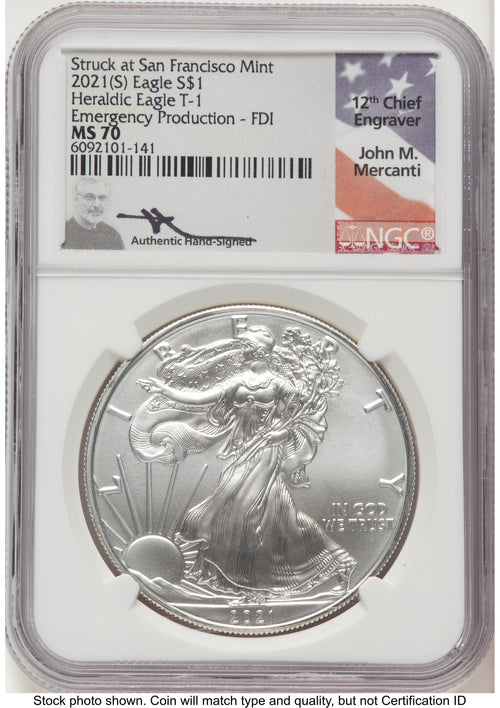 2021-(S) Silver Eagle Type 1 Emergency Production FDI John NGC MS70 Mercanti