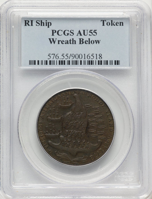 RI SHIP Rhode Island Ship Token Wreath Below Copper BN Colonials PCGS AU55