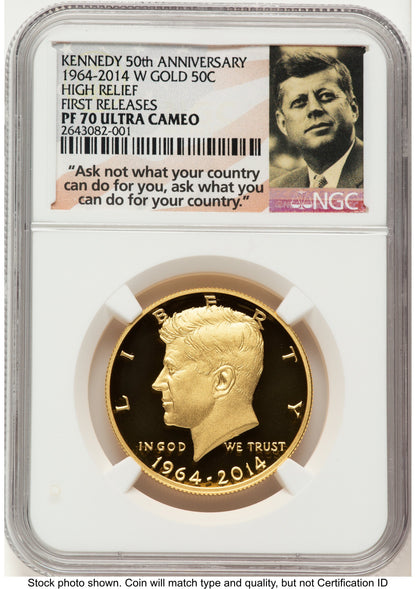 2014-W 50C Gold JFK 50th Anniversary FR JFK Ask Not Label NGC MS70