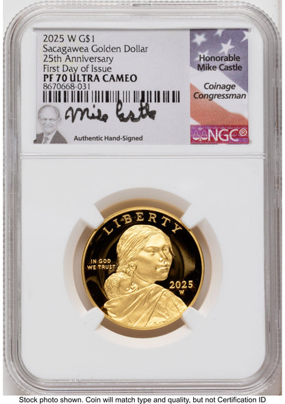 2025-W 1/2 oz Proof Gold Sacagawea 25th Anniversary FDI Mike Castle NGC PF70