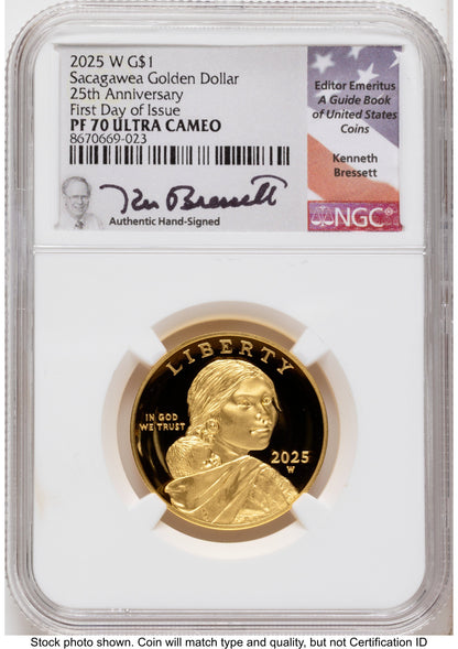 2025-W 1/2 oz Proof Gold Sacagawea 25th Anniversary FDI Kenneth Bressett Portrait NGC PF70