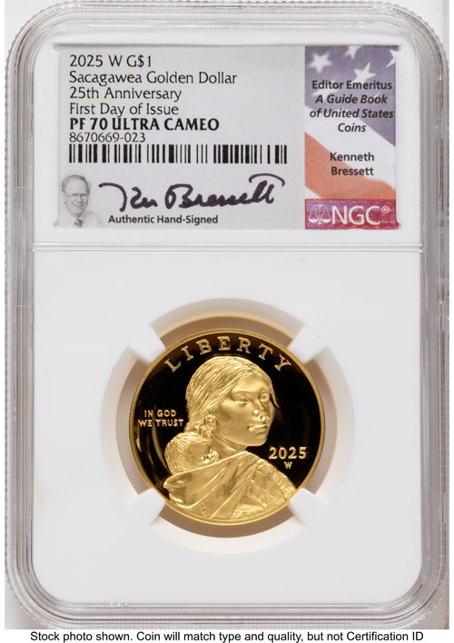 2025-W 1/2 oz Proof Gold Sacagawea 25th Anniversary FDI Kenneth Bressett Portrait NGC PF70