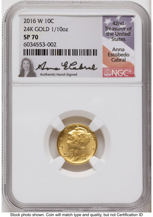 2016-W 10C Mercury Dime 100th Anniversary Gold Centennial Anna Cabral NGC MS70