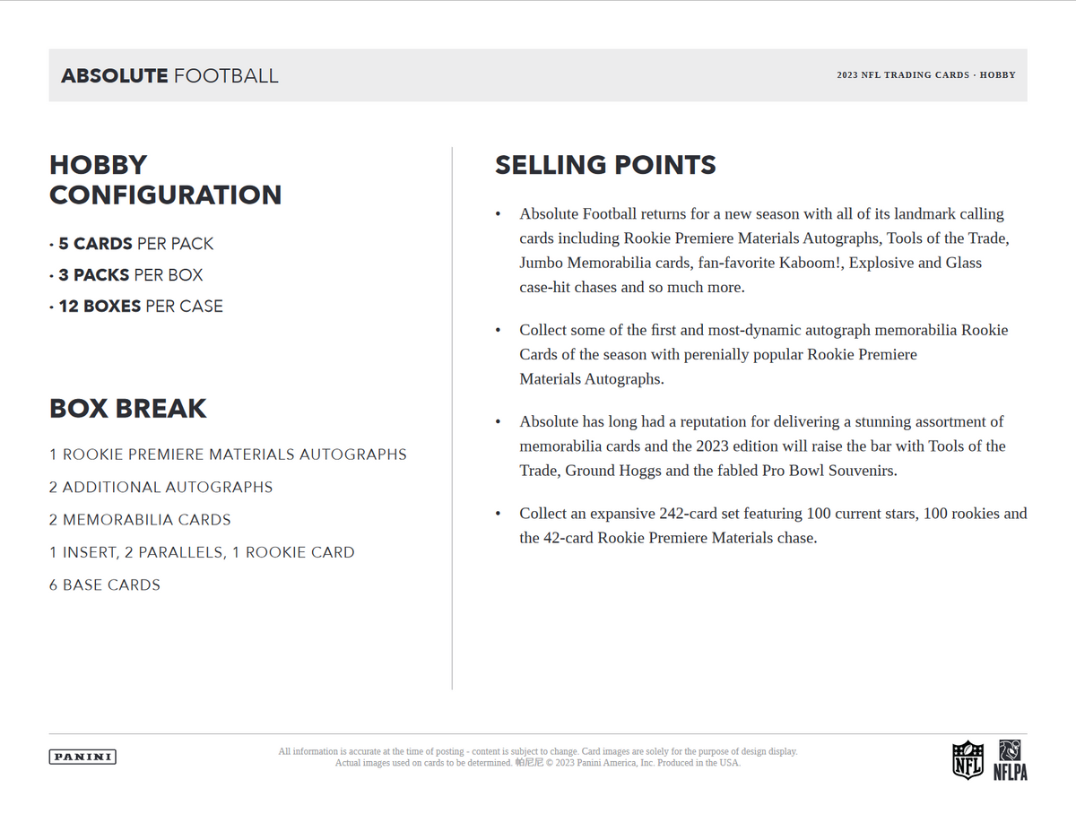 2023 Panini Absolute Football Hobby 12 Box Case