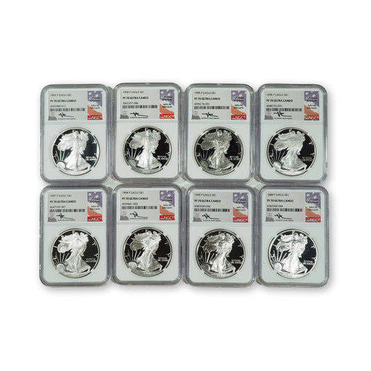 1993-2000 P $1 (1995 W) American Silver Eagle Set NGC PF70 Ultra Cameo Mercanti Signed