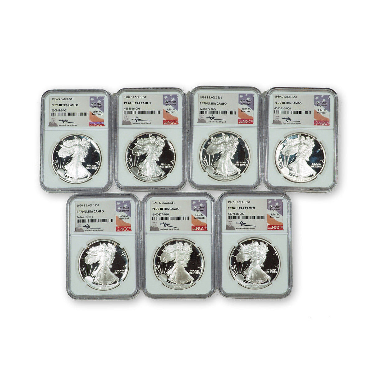 1986-1992 S American Proof Silver Eagle Set NGC PF70 Ultra Cameo Mercanti Signed