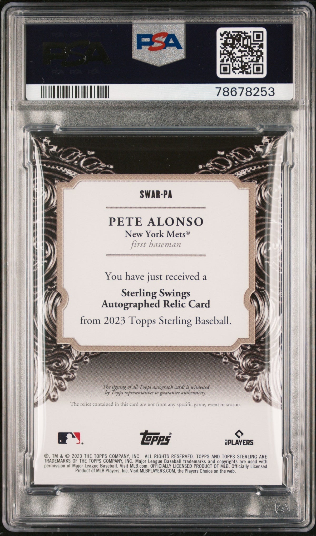 2023 Topps Sterling Sterling Swings Auto Relics Pete Alonso #SWARPA Rlcs PSA
