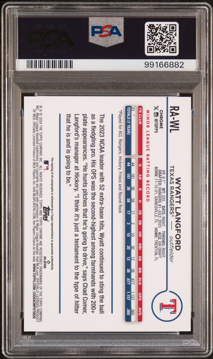 2024 Topps Chrome Rookie Auto Wyatt Langford #RAWL Purple Ref 148/250 PSA 9