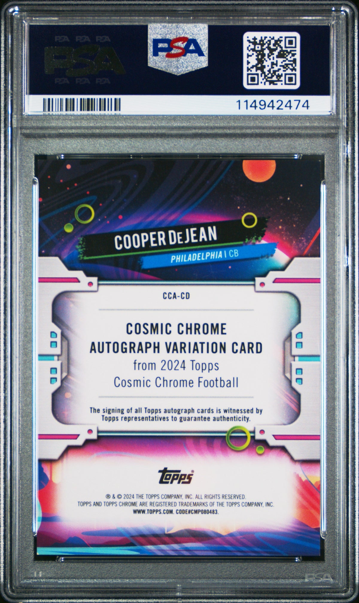 2024 Topps Cosmic Cosmic Chrome Auto Cooper Dejean #CD Black Eclipse /10 PSA 9
