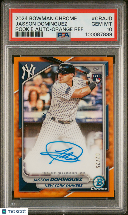 2024 Bowman Chrome Rookie AutoJasson Dominguez #CRAJD Orange Ref 02/25 PSA 10