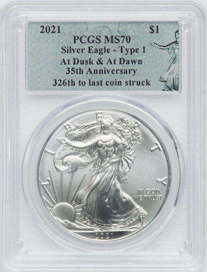 2021 American Silver Eagle Type 1 At Dusk & Dawn 35th Anniversary 326th PCGS MS70