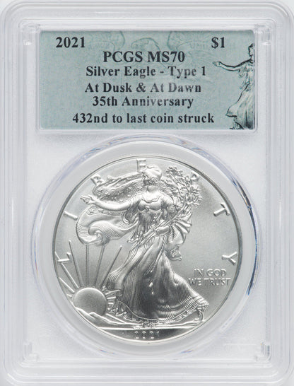 2021 American Silver Eagle Type 1 At Dusk & Dawn 35th Anniversary 432nd PCGS MS70