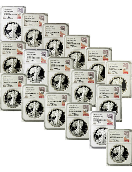 1986-2021 American Silver Eagle 37-pc Set NGC PF69 Mercanti Signed with 1995-w (2 New NGC Boxes)