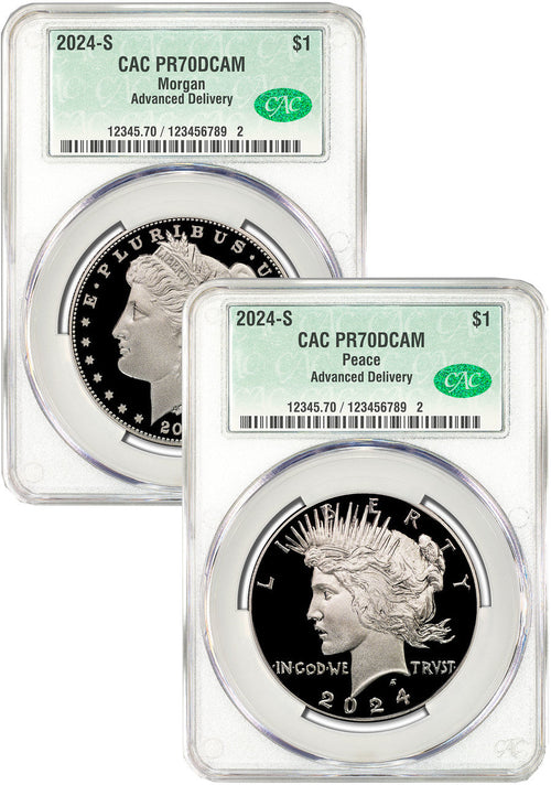 2024-S Morgan and Peace Silver Dollar 2pc Proof Set AD CAC PR70