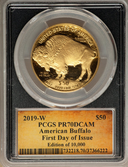 2019-W $50 One-Ounce American Buffalo .9999 Fine Gold First Day of Issue Cleveland Scroll PCGS PR70